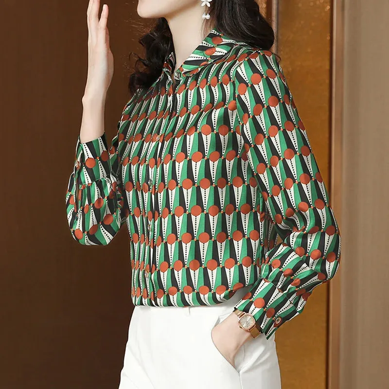 Vintage Print Green Lapel Satin Blouses