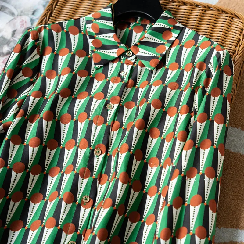 Vintage Print Green Lapel Satin Blouses