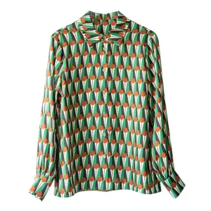 Vintage Print Green Lapel Satin Blouses