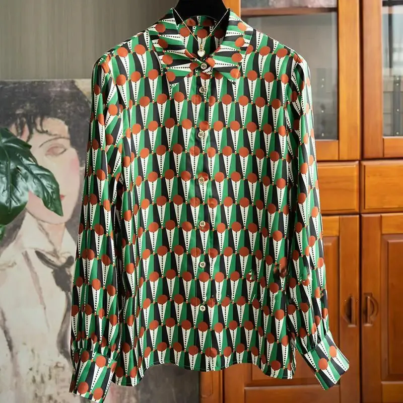Vintage Print Green Lapel Satin Blouses