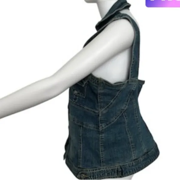 Vintage Rare Distressed Denim Chic Button Up Sleeveless Vest Top