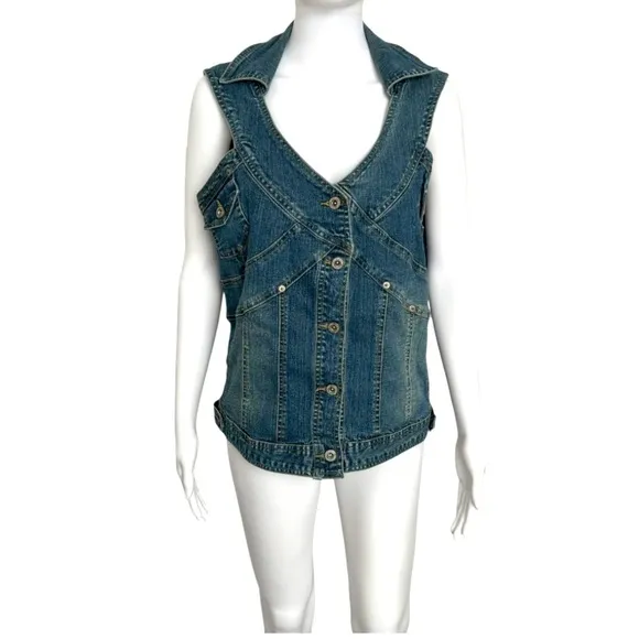 Vintage Rare Distressed Denim Chic Button Up Sleeveless Vest Top