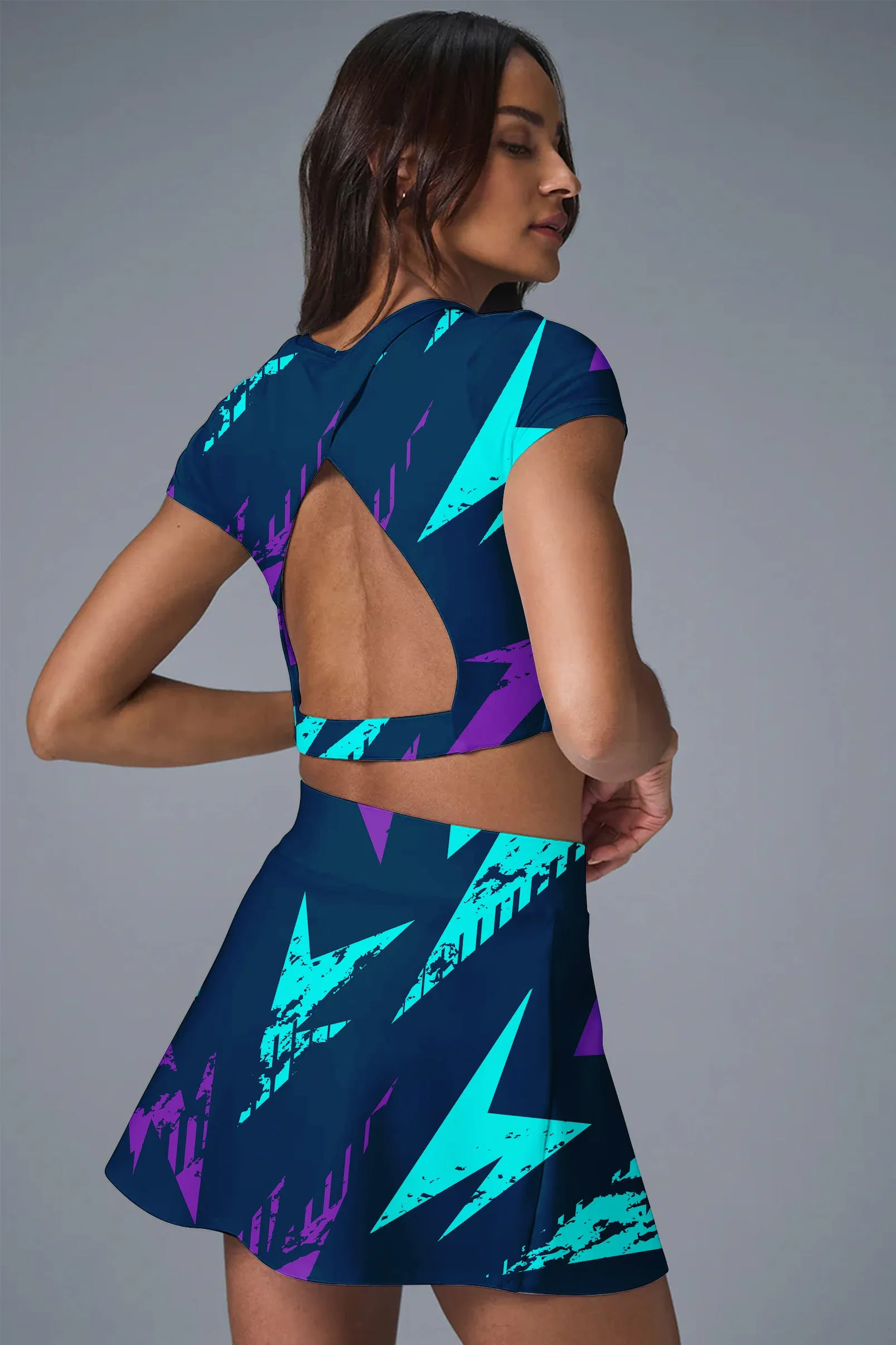 Voltage Strike Set – Electric Blue & Purple Lightning Bolt Crop Top and Skirt for Women