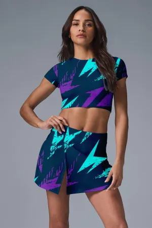 Voltage Strike Set – Electric Blue & Purple Lightning Bolt Crop Top and Skirt for Women
