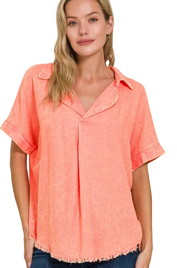 Washed Linen Raw Edge V-Neck Shirt