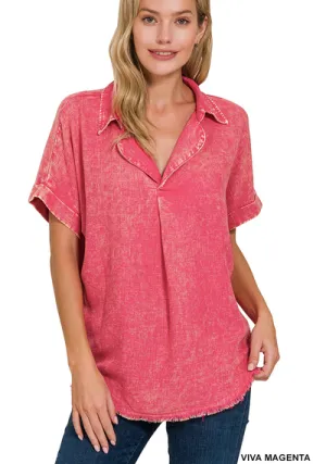 Washed Linen Raw Edge V-Neck Shirt