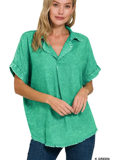 Washed Linen Raw Edge V-Neck Shirt