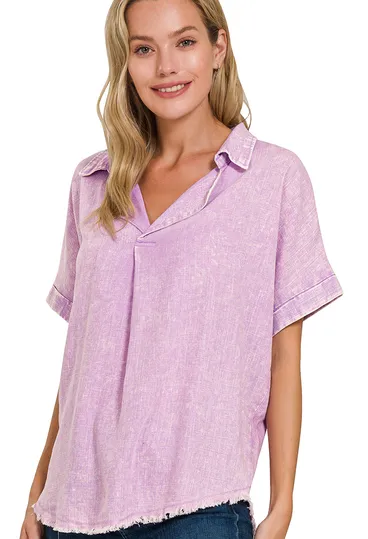 Washed Linen Raw Edge V-Neck Shirt