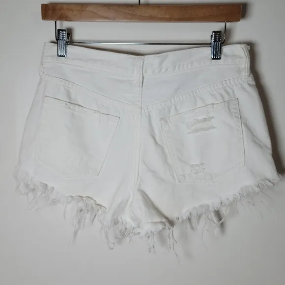 We The Free by Free People White Distressed Denim Button Fly Shorts Size 27