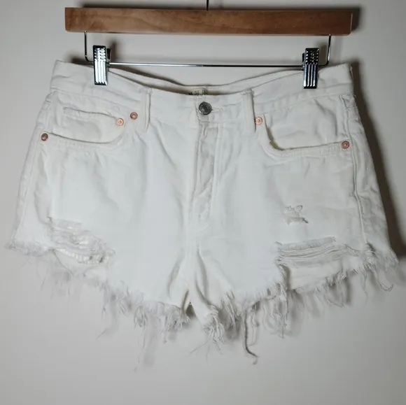 We The Free by Free People White Distressed Denim Button Fly Shorts Size 27