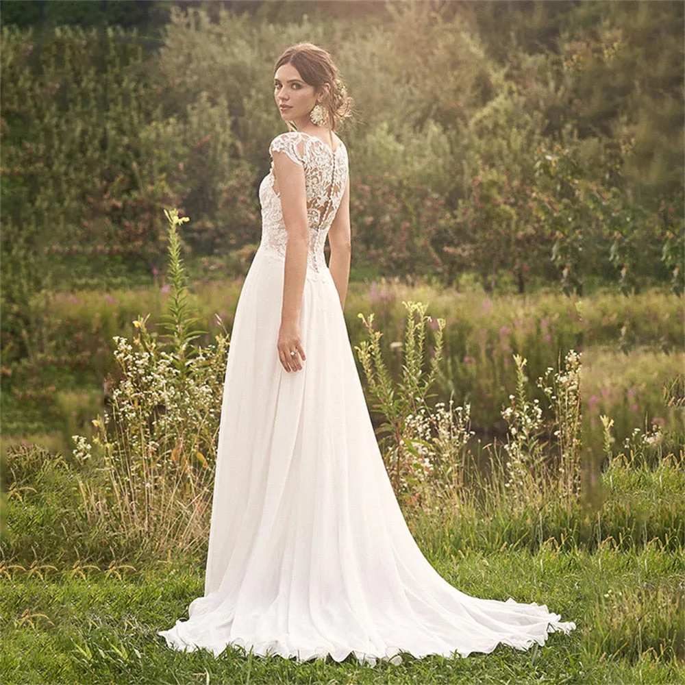 Wedding Dress A Line Cap Sleeves Illusion Back For Women V Neck Bridal Gowns