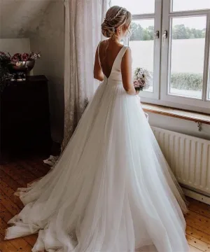 Wedding Dress Bow-knot Design A Line Backless Sleeveless Bridal Gown