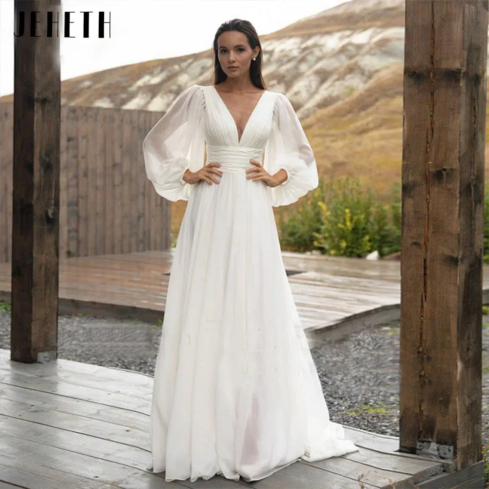 Wedding Dress Bridal Long A Line Backless Beach Bride Gown Sweep Train