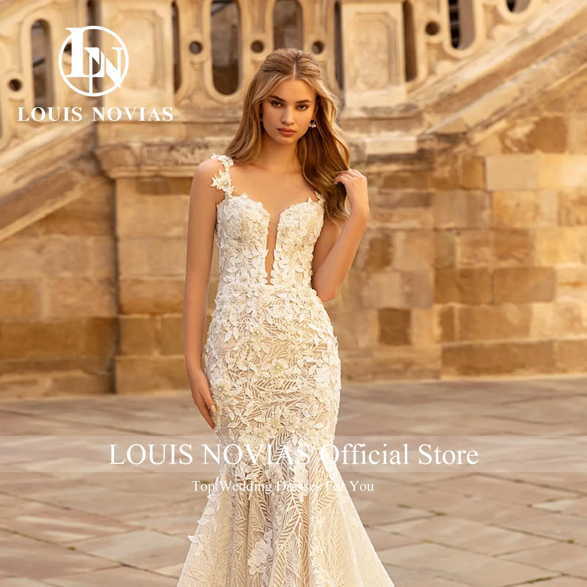 Wedding Dress For Women Spaghetti Straps Modern 3D Flowers Beading