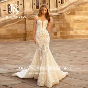 Wedding Dress For Women Spaghetti Straps Modern 3D Flowers Beading