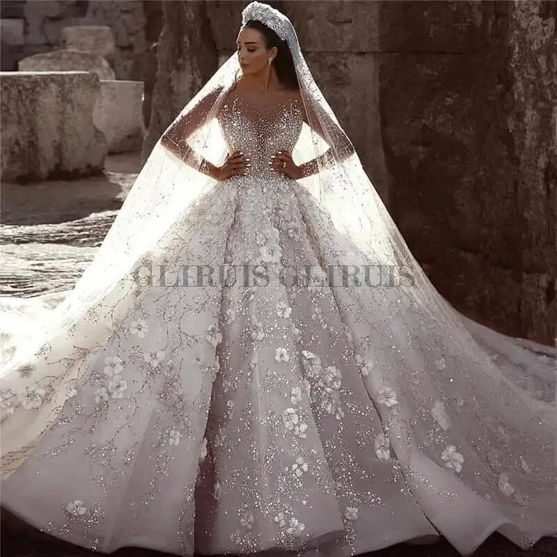 Wedding Dress Long Sleeve 3D Floral Wedding Bridal Gowns robe de mariee