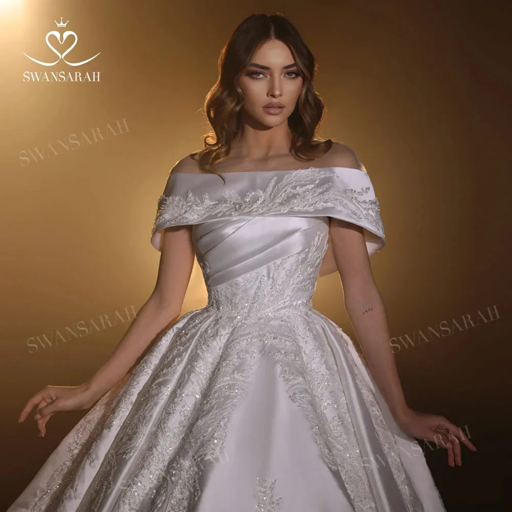Wedding Dress Luxury Beaded Satin A-Line Bride Gown Court Train