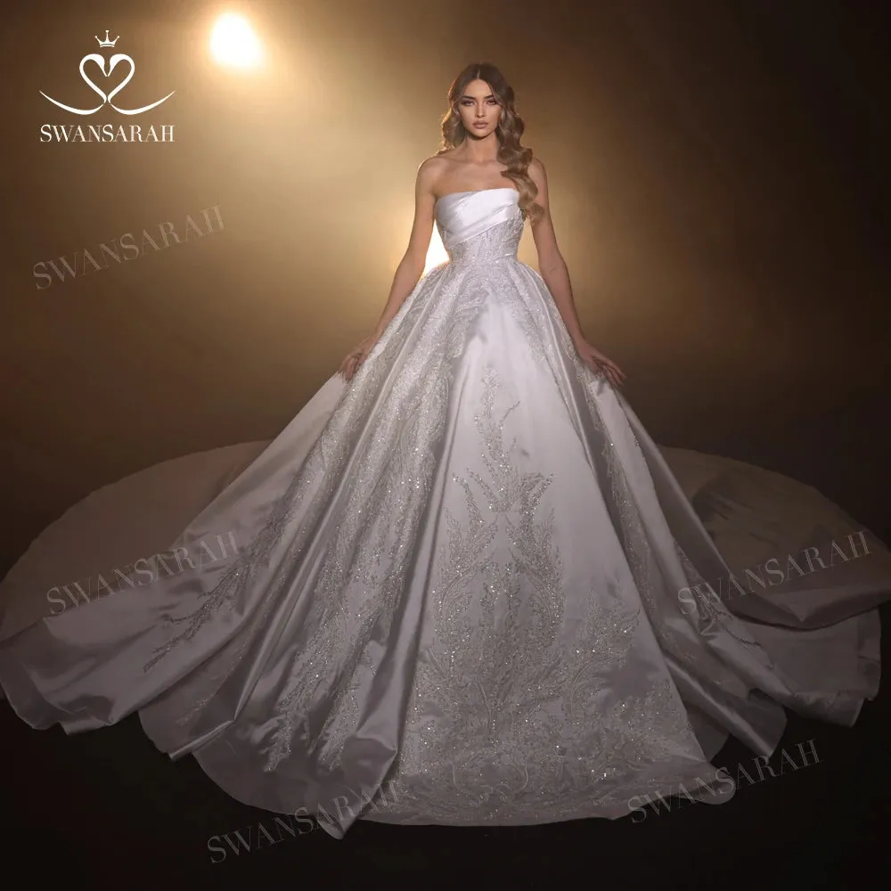 Wedding Dress Luxury Beaded Satin A-Line Bride Gown Court Train