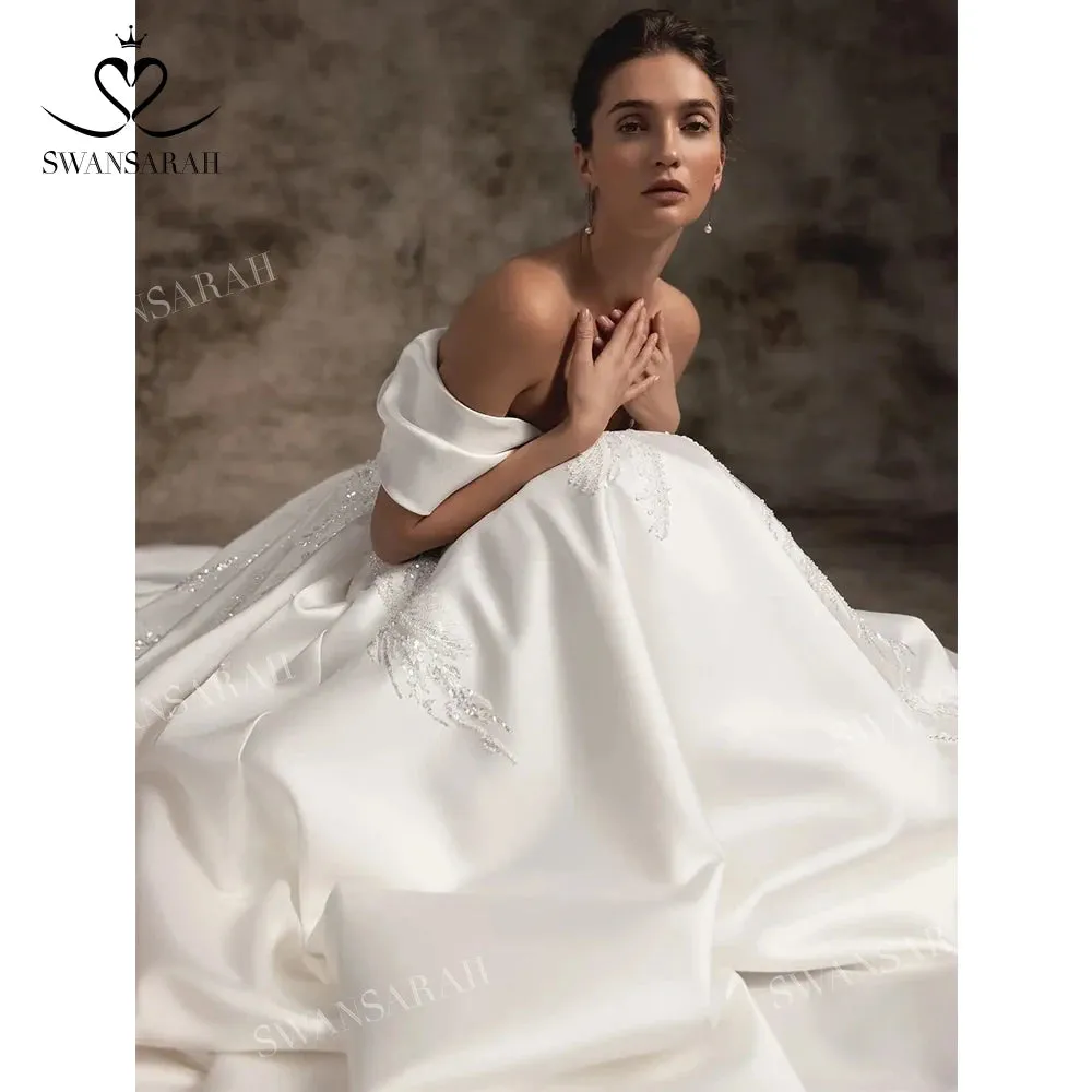 Wedding Dress Satin Beading A-Line Court Train Princess Bride Gown