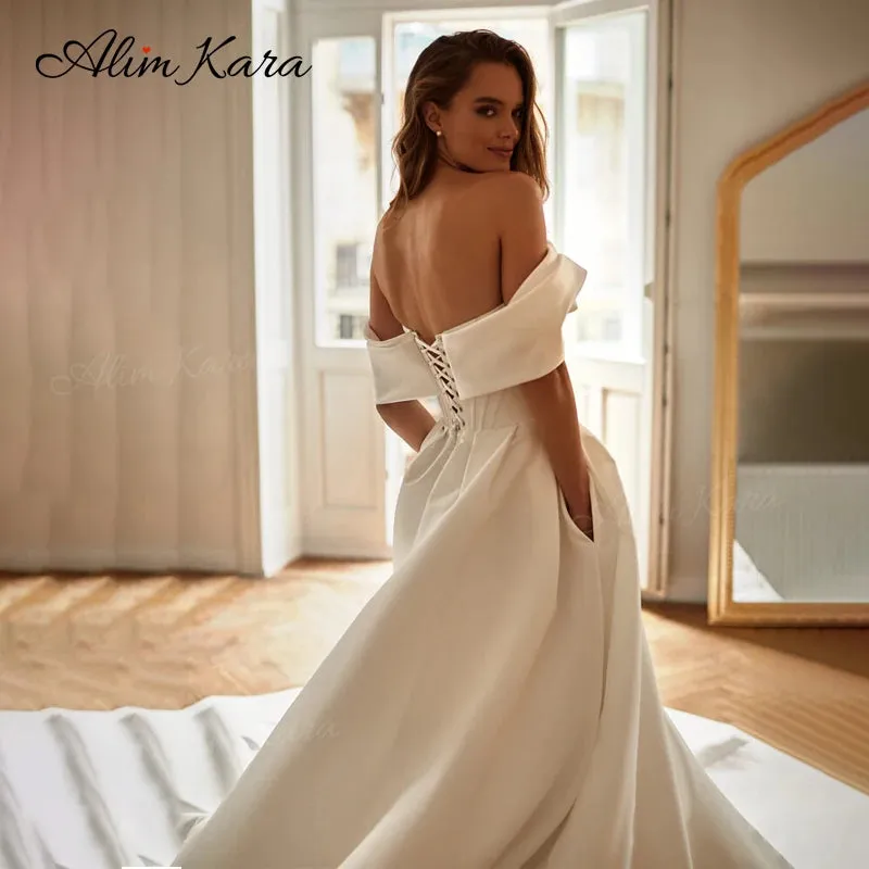Wedding Dress Satin Open Back A-Line Court Train Bridal Gowns Princess