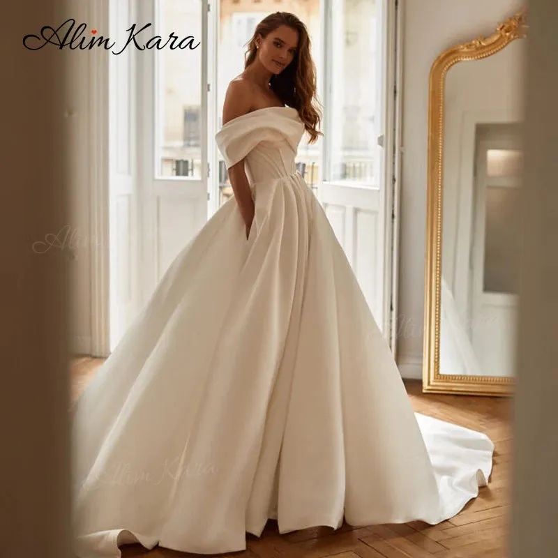 Wedding Dress Satin Open Back A-Line Court Train Bridal Gowns Princess