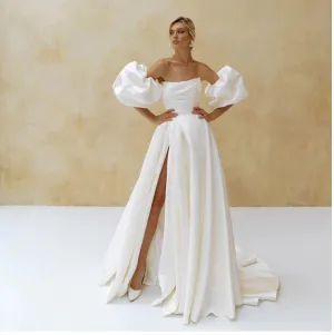 Wedding Dress Short Puff Sleeves Simple Plain White Bridal Gown