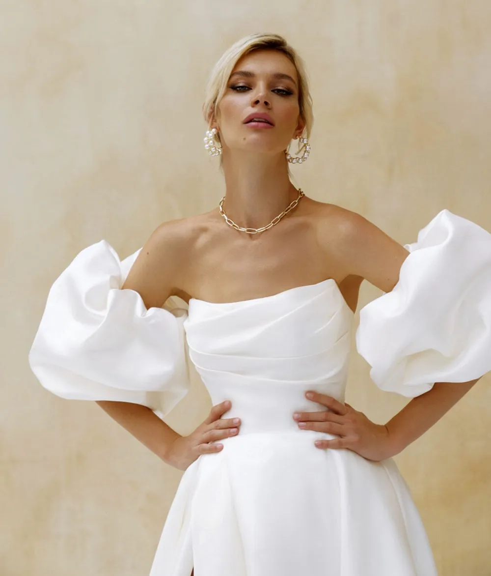 Wedding Dress Short Puff Sleeves Simple Plain White Bridal Gown