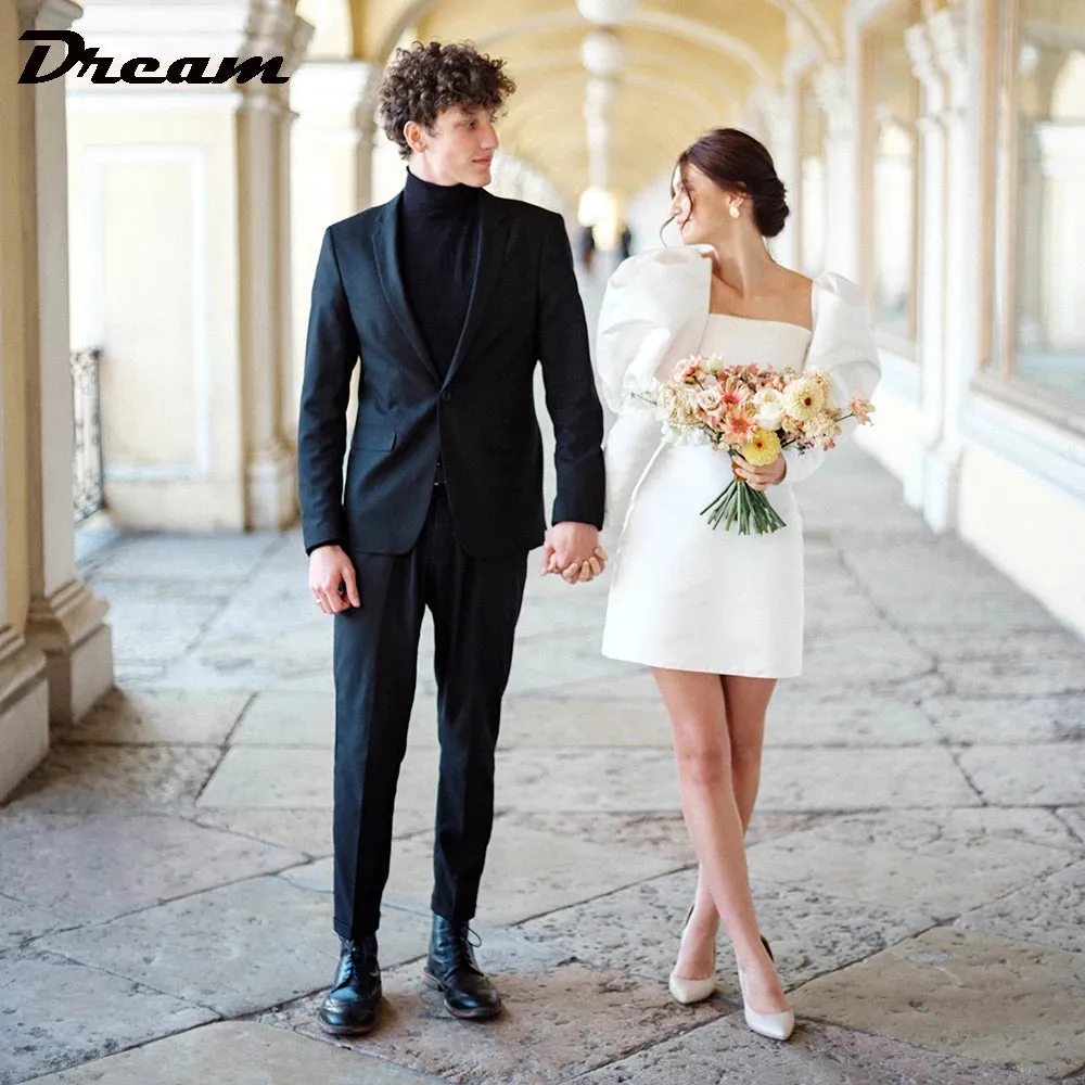 Wedding Dress Simple Square Neck Above Knee Mini Length Retro Bridal Gowns