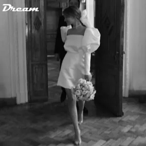 Wedding Dress Simple Square Neck Above Knee Mini Length Retro Bridal Gowns