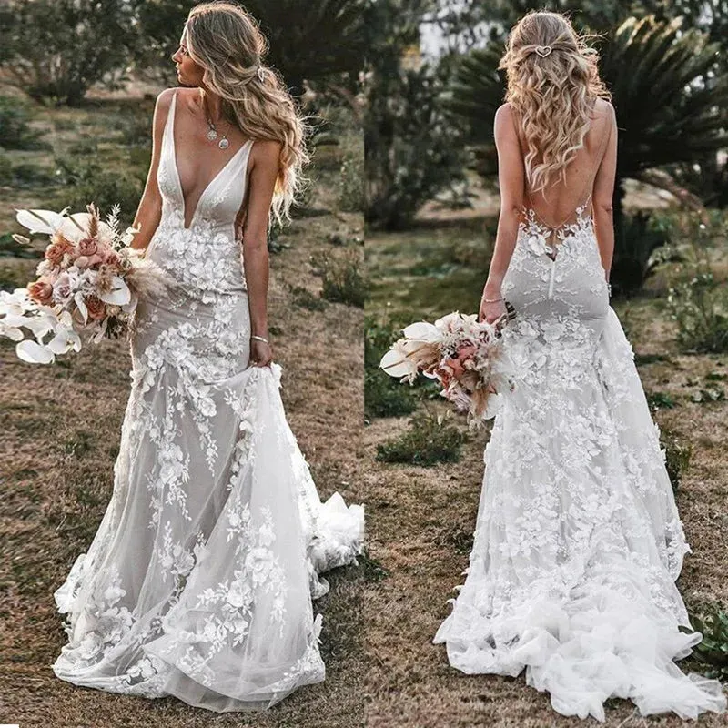 Wedding Dress V-Neck 3D Flowers Appliques Boho Backless Bride Gown