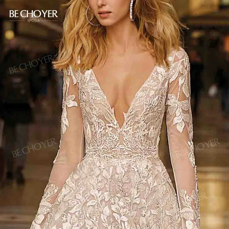 Wedding Dress V-neck Long Sleeve A-Line Gorgeous Court Train Bride Gown