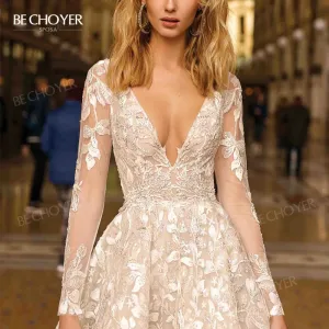 Wedding Dress V-neck Long Sleeve A-Line Gorgeous Court Train Bride Gown