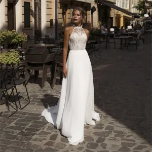 Wedding Dress White High Split Jewel Neck Chiffon Boho Bridal Dress Beach