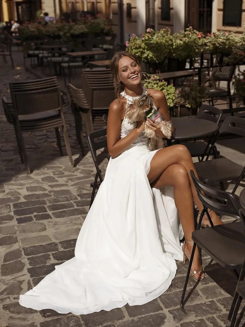 Wedding Dress White High Split Jewel Neck Chiffon Boho Bridal Dress Beach