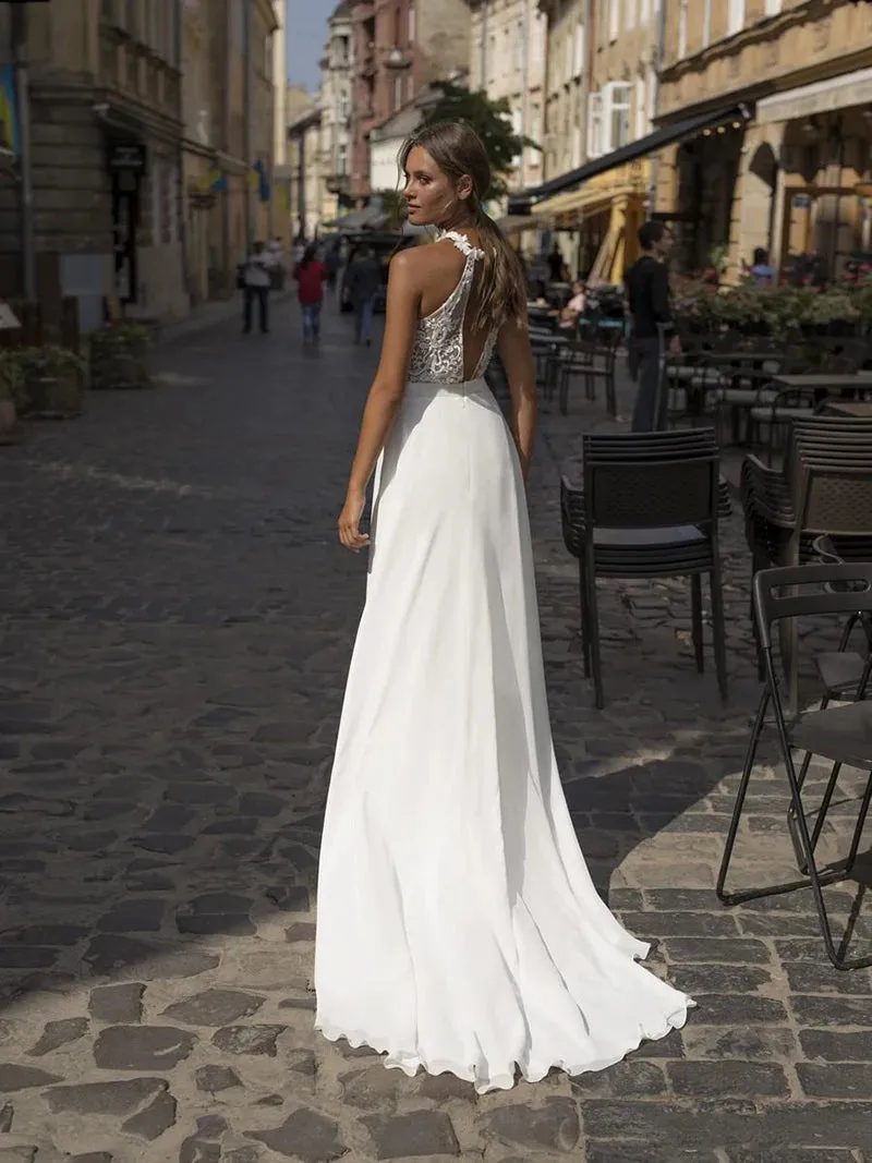 Wedding Dress White High Split Jewel Neck Chiffon Boho Bridal Dress Beach