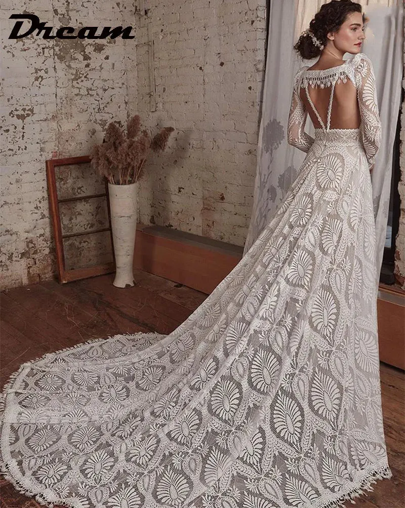 Wedding Dress With Detachable Long Sleeve Backless V Neck A Line Bridal Gown