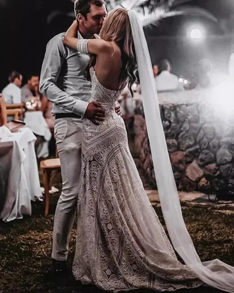 Wedding Dress With Detachable Sleeve Backless Bride Gown Lace