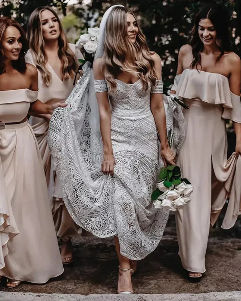 Wedding Dress With Detachable Sleeve Backless Bride Gown Lace