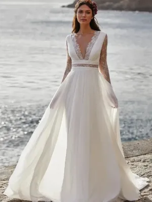 Wedding Dresses A-Line V-Neck Bridal Gowns Long Sleeves Chiffon