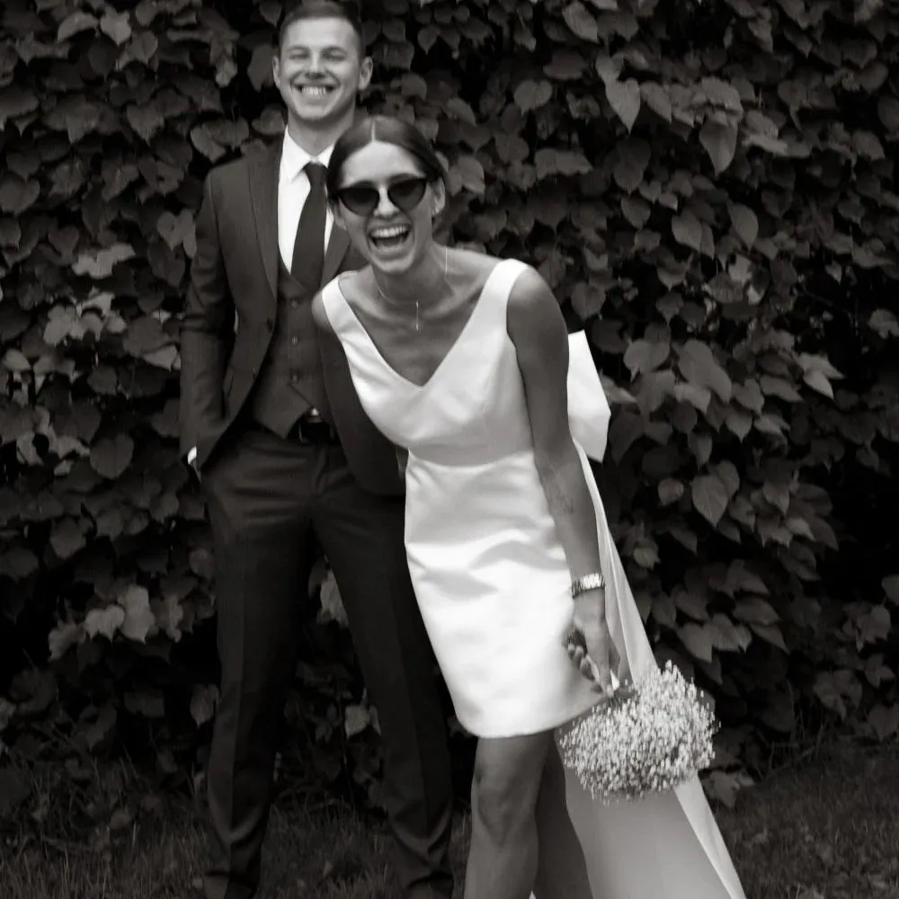 Wedding Dresses Boho Large Bow V Neck Robe De Mariee Short Bridal Gown