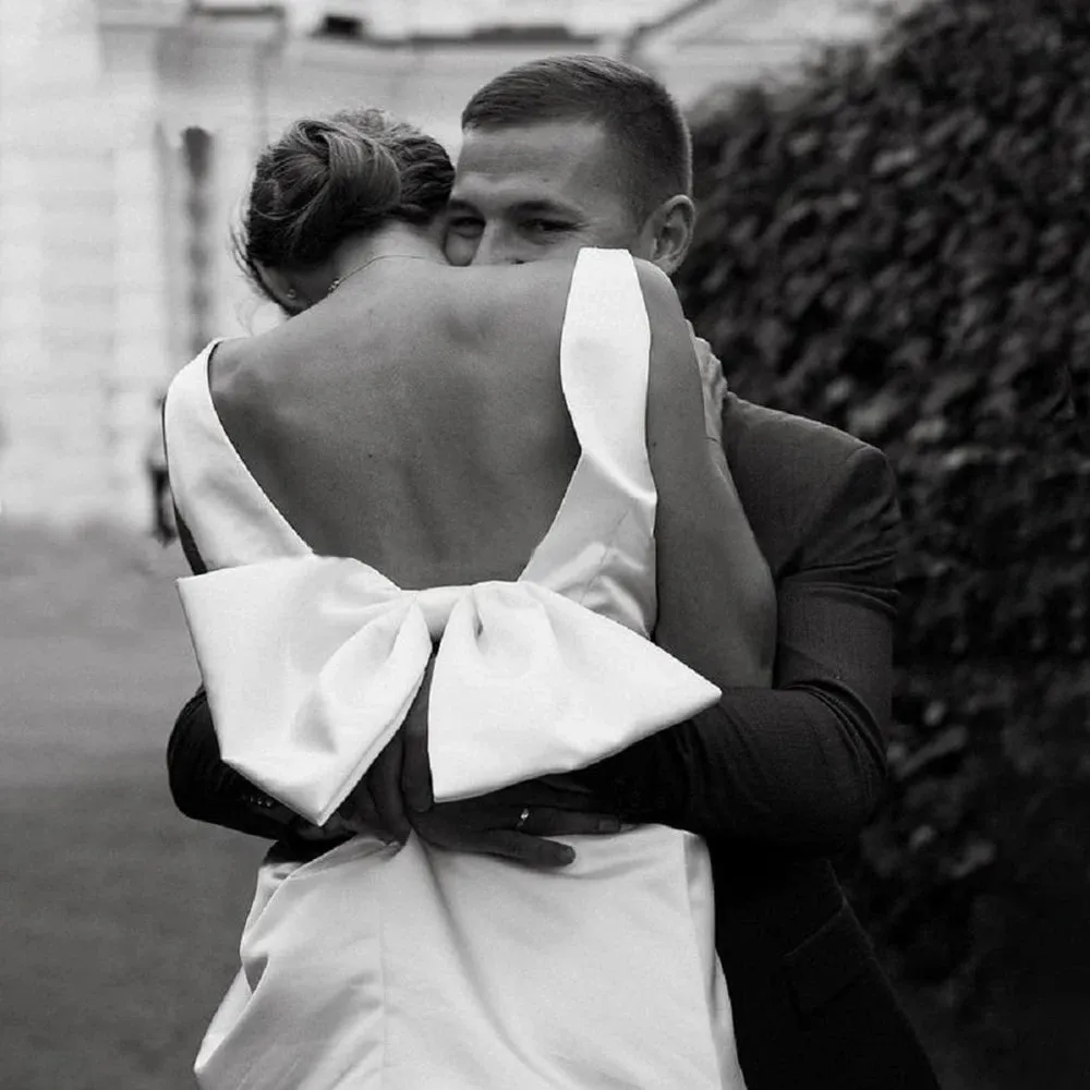 Wedding Dresses Boho Large Bow V Neck Robe De Mariee Short Bridal Gown