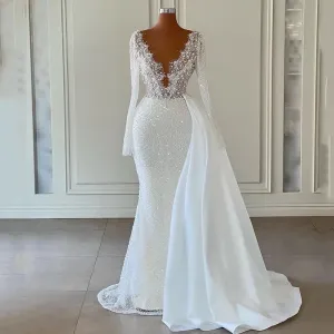 Wedding Dresses Boho Sequins Glitter Bride Dress V-Neck Long Sleeve