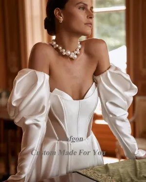 Wedding Dresses Detachable Long Sleeves Mini Lining Leg Slit Formal Bridal Gowns