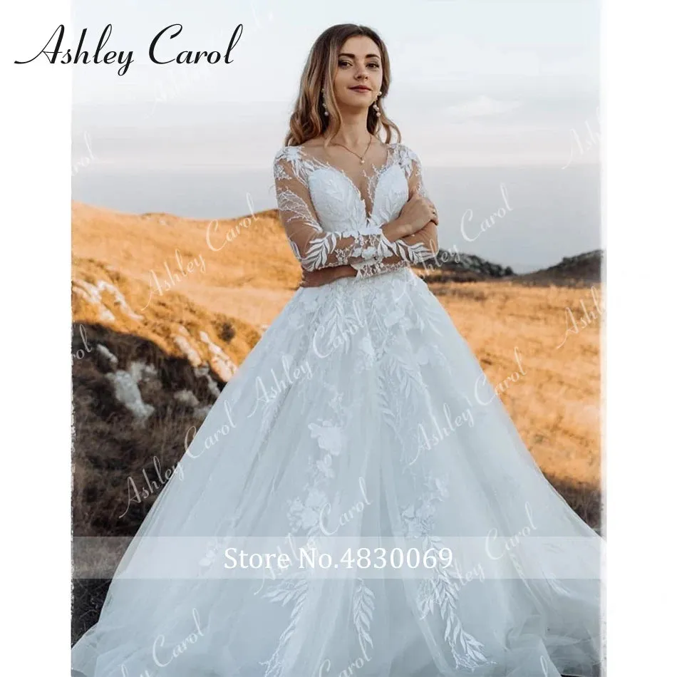 Wedding Dresses For Women Appliques Tulle Backless Long Sleeve