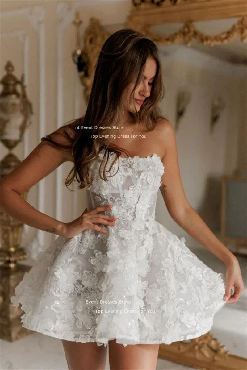 Wedding Dresses Lace Flowers A-Line Short Bridal Gowns Women Sleeveless