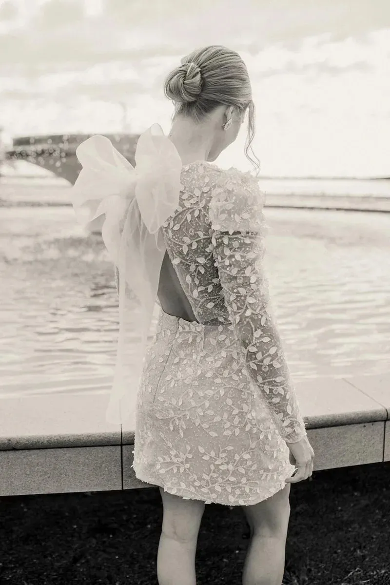 Wedding Dresses Long Sleeves With Bow Mini Backless Beadings Bride Dress