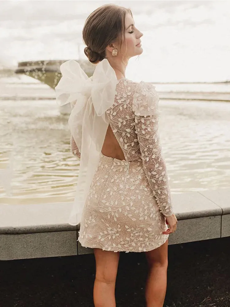 Wedding Dresses Long Sleeves With Bow Mini Backless Beadings Bride Dress