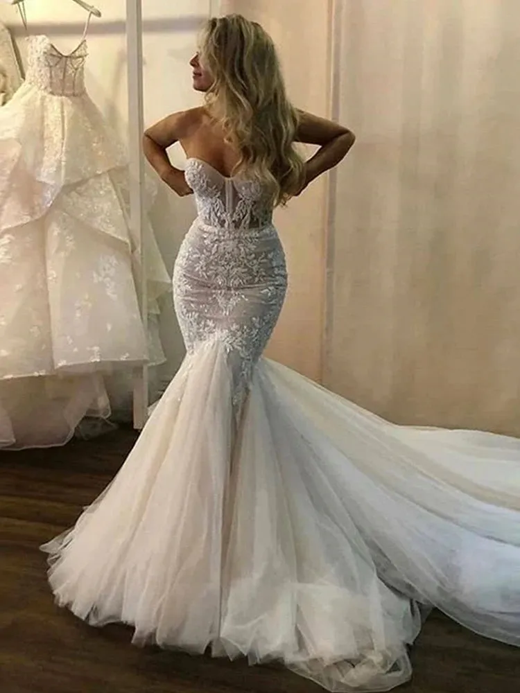 Wedding Dresses Mermaid Strapless Boho Fish Bridal Gowns Open Back Princess