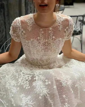 Wedding Dresses O-Neck Short Sleeves Bridal Gowns Lace Appliques