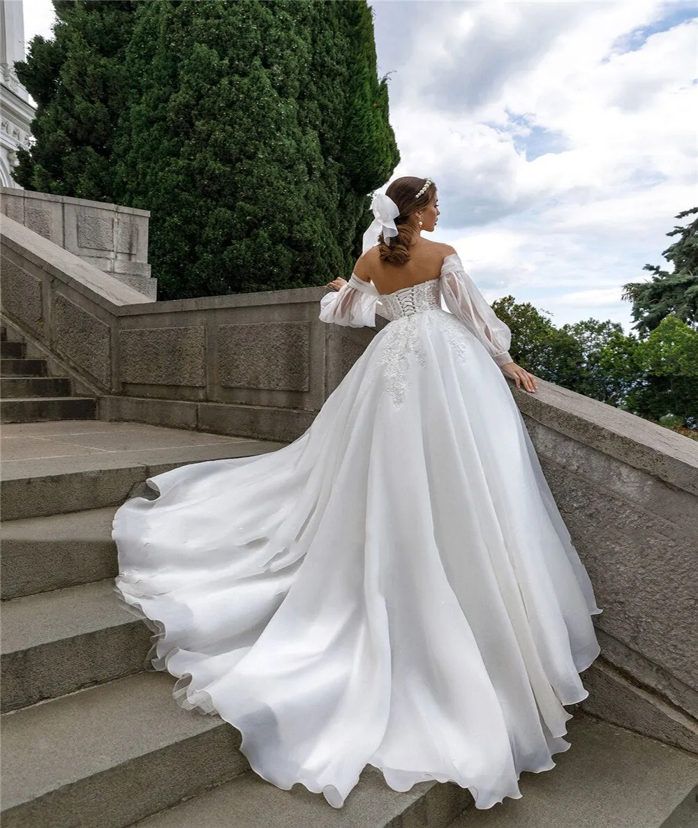 Wedding Dresses Off The Shoulder Long Puff Sleeves Lace